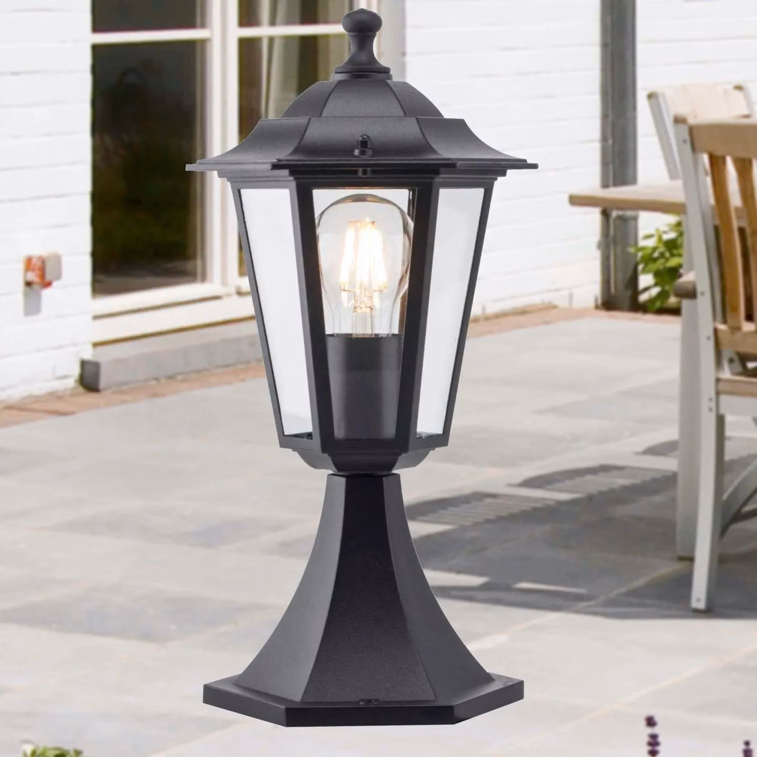 First Choice Lighting Eversham Black Six Sided IP44 Outdoor Post Lantern with Transparent Glass – 3