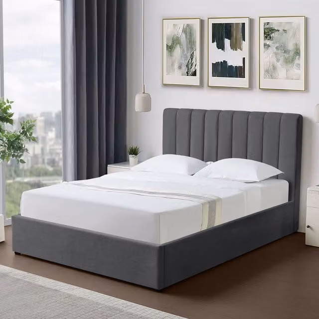 Artemis Home Evelynne Upholstered Fabric Double Ottoman Bed Frame with Storage in Dark Grey