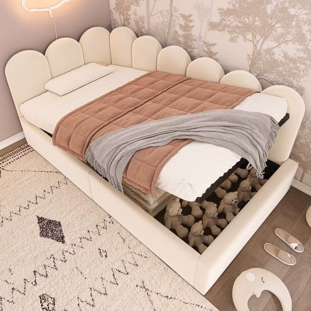 BTM Hydraulic Storage Daybed in Beige Velvet, W/D/H: 190 x 90 x 37 cm – 6