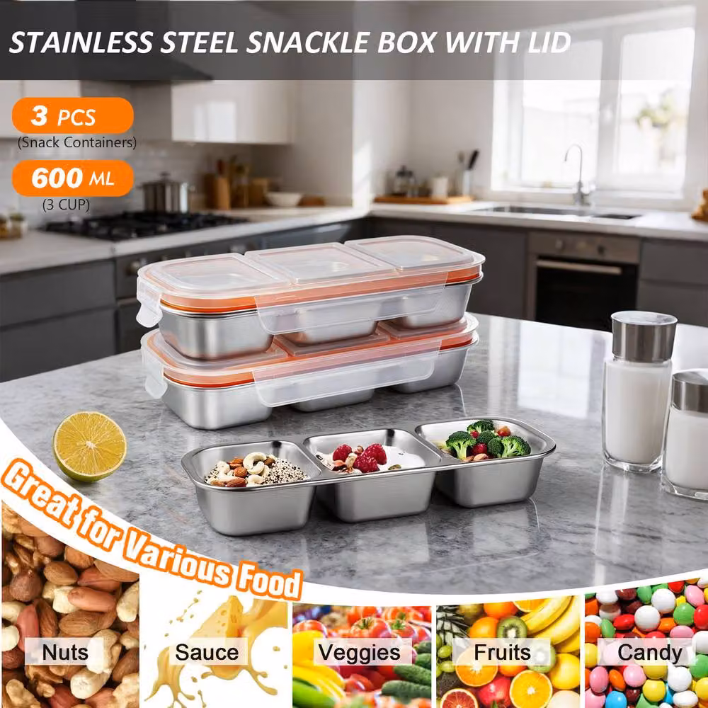 Greentainer 3-Pack Stainless Steel 3-Compartment Bento Box with Lid in Silver – 3