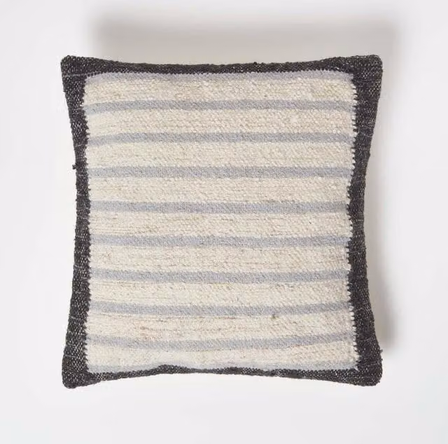 Homescapes Veria Handwoven Striped Kilim Cushion in Grey, Beige and Yellow