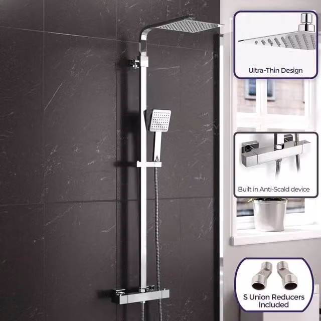 FLAVORA Square Exposed Thermostatic Shower Set with Handheld Shower in Metallic Silver, Width: 52 cm