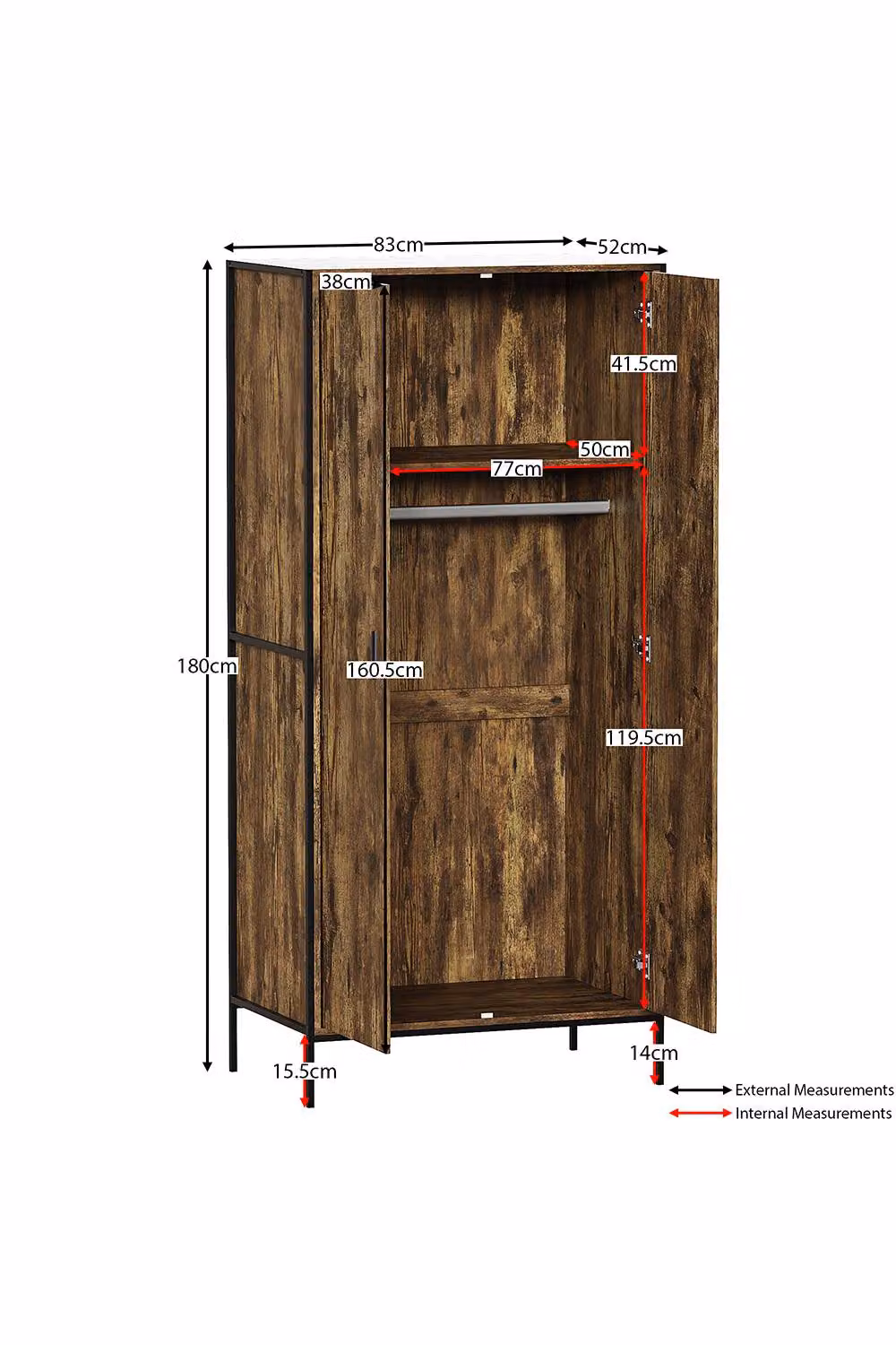 HD Designs Brooklyn 2 Door Wardrobe in Dark Brown, W/D/H: 180 x 83 x 52 cm – 3