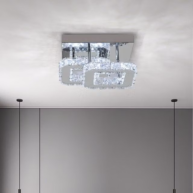 Livingandhome 2-Tier Square Crystal Ceiling Light in Chrome and Transparent White with Cool White Light