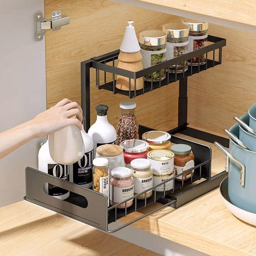 KORVIXA 2 Tier Metal Kitchen and Bathroom Storage Shelf in Black, W/D/H: 100 x 100 x 26.5 cm – 3