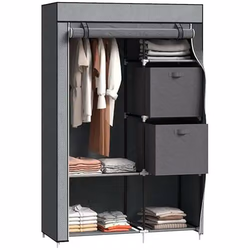 HOMCOM Portable Fabric Wardrobe with Hanging Rail and Integrated Drawers, Grey, W: 102 cm, D: 42.5 cm, H: 162.5 cm – 1