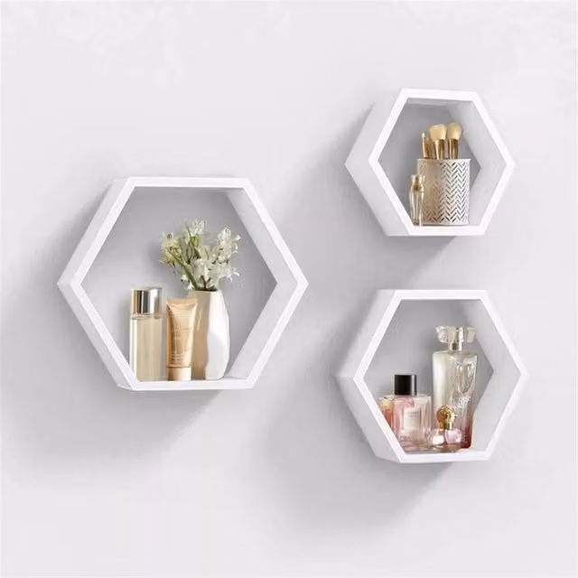 VOGREX Set of 3 White Hexagon Floating Wall Shelves with Matt Geometric Honeycomb Design
