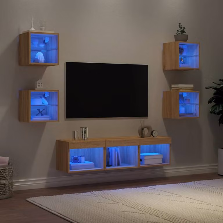 Berkfield Home 7 Piece Versatile TV Wall Unit Set with LED Lighting in Sonoma Oak and Tan