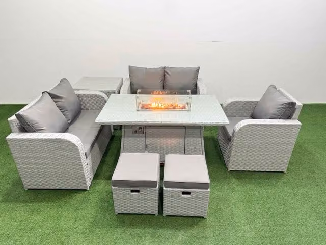 Fimous Grey Poly Rattan Garden Furniture Set with High Back Reclining Chair, Loveseat Sofa, Firepit Dining Table and 2 Stool Side Tables