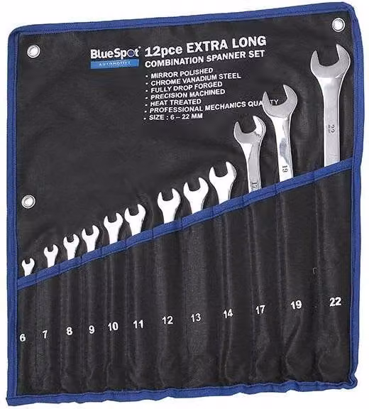 Bluespot Tools 12 Piece Extra Long Combination Spanner Set in Chrome Vanadium Steel – 1