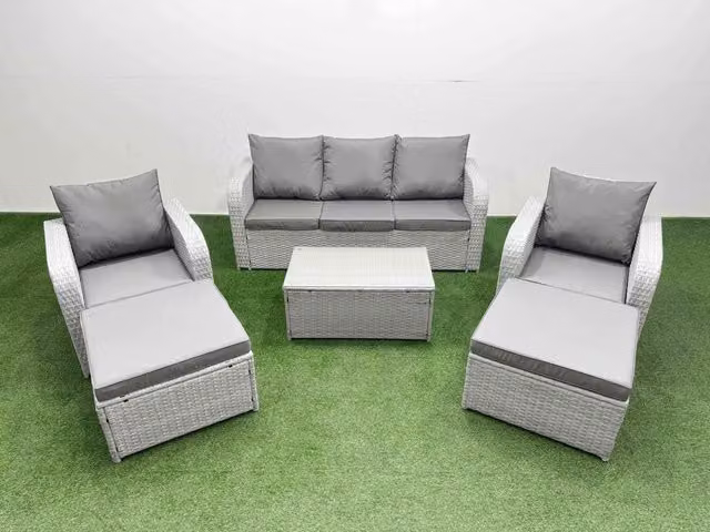 Fimous PE Rattan Garden Furniture Set in Light Grey with Reclining Chairs, Sofa, Oblong Coffee Table and 2 Footstools