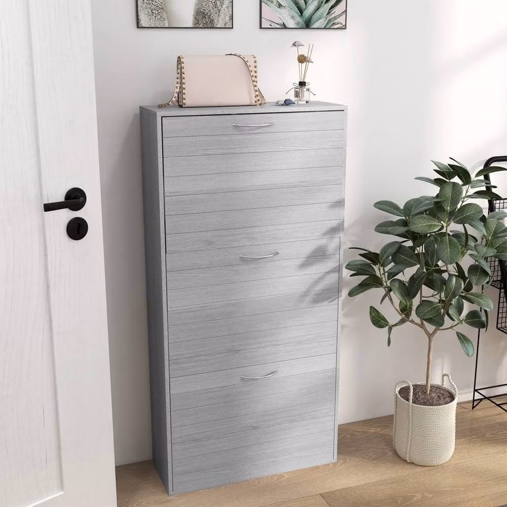 Wyld Haus Makahi Grey Wood Effect Slim Shoe Cabinet with 3 Tilting Compartments for 12 Pairs – 3