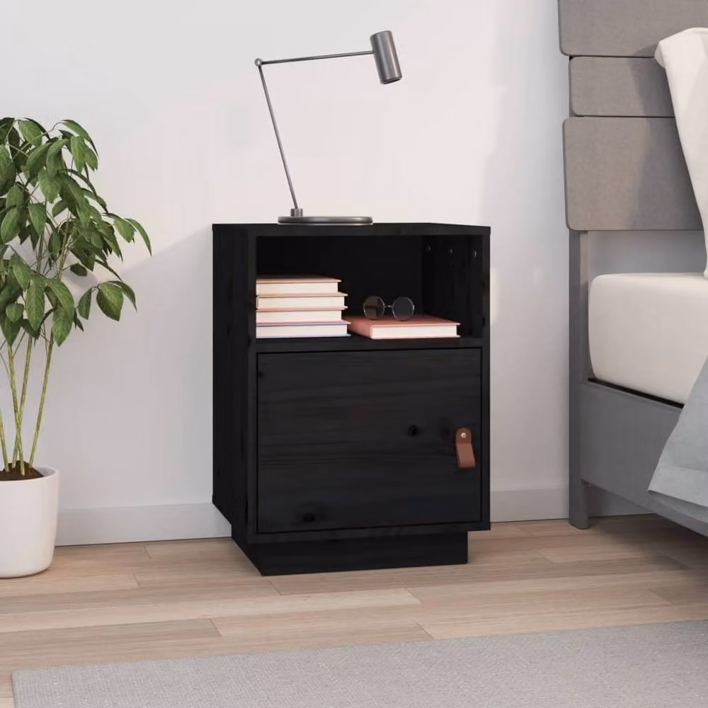 Berkfield Home Black Solid Wood Pine Bedside Cabinet W: 40 cm, D: 34 cm, H: 55 cm – 2