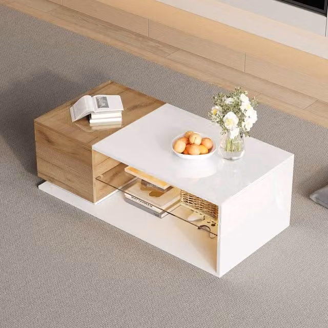 Merax 2-Tone High Gloss LED Coffee Table with Glass Shelf and Storage Cabinet in White