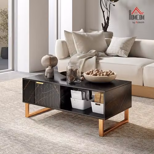 HOMCOM Modern Black and Gold Rectangular Coffee Table with Metal Frame – 2