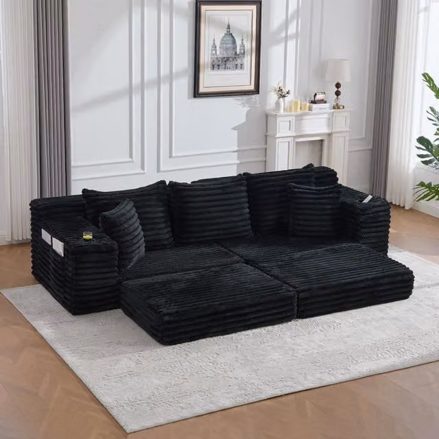 Aosom UK Black Ribbed Corduroy Convertible Sofa Bed with High Backrest, Extra Pillow and Dual Side Pockets, W/D/H: 107.5 x 38.5 x 34 cm