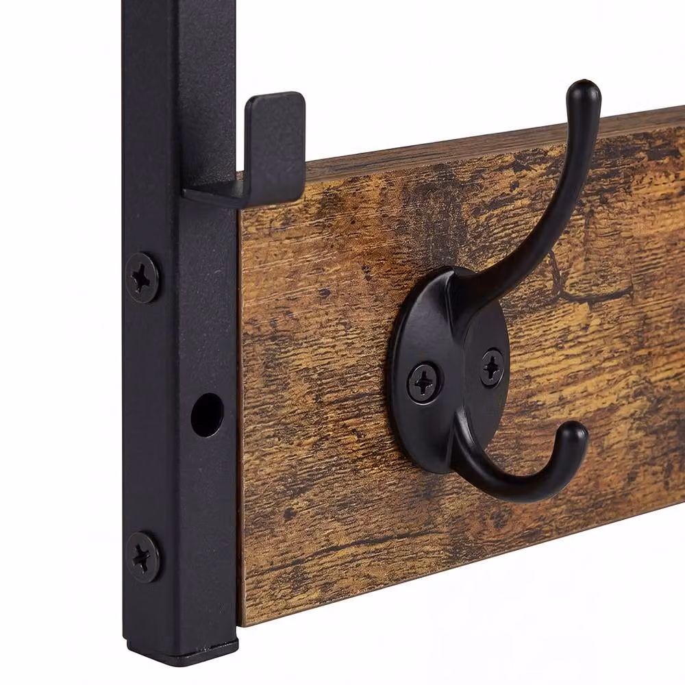 Levede Wall Mounted Wooden Coat Rack with 7 Hooks and Shelf, Brown and Black, W: 70 cm, D: 25 cm, H: 7 cm – 5