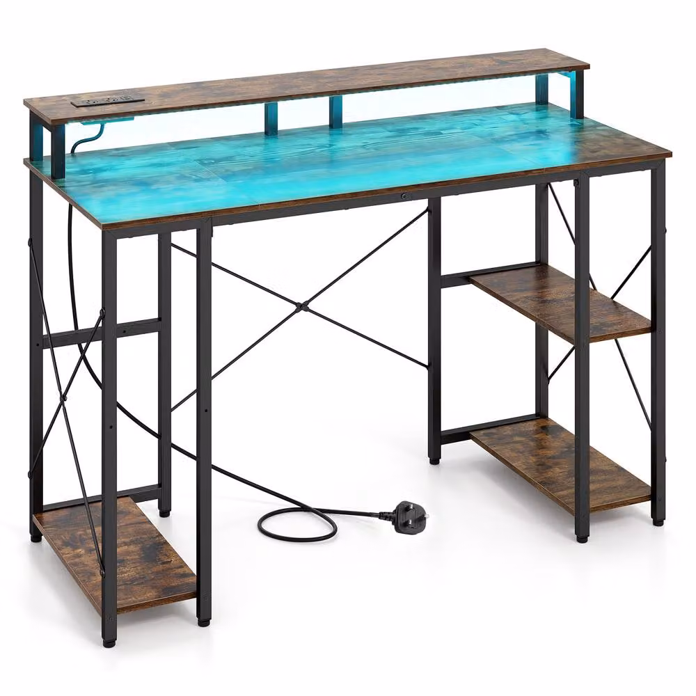 Gymax Brown Gaming Desk with Charging Station and LED Lights – 4