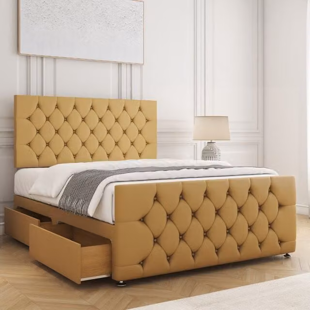 BSSPOKE Maya Plush Velvet King Size Divan Bed with 24 inch Headboard, 2 Drawers, Footend and Mattress in Mustard Yellow
