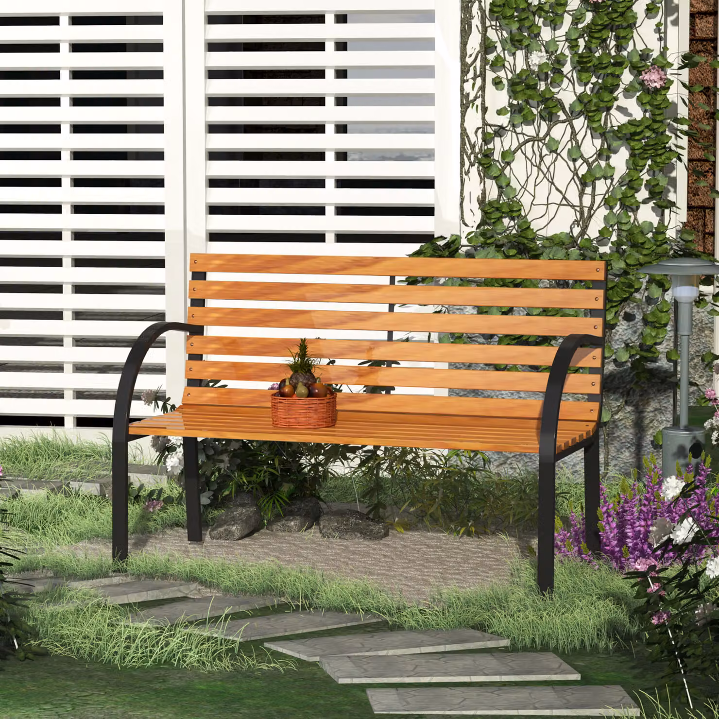 Outsunny 2 Seater Wooden Garden Bench with Metal Frame in Brown – 2
