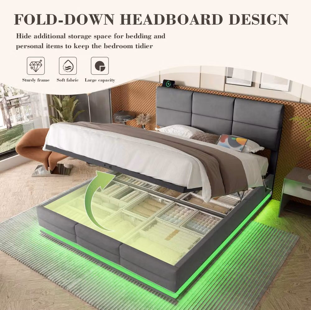 STILVORA Modern Grey Velvet Upholstered Double Bed Frame with Lift Up Storage, USB Charging Port and LED Under-Bed Lighting, W/D/H: 140 x 200 x 32 cm – 7