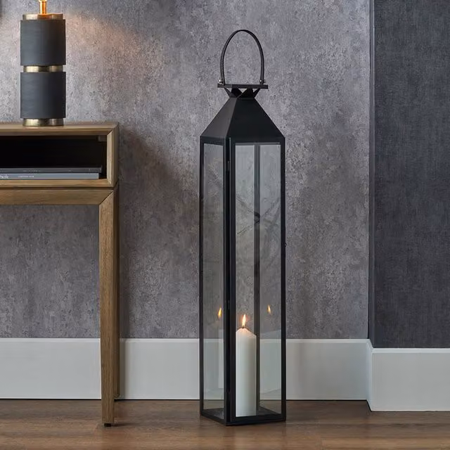 Pacific Lifestyle Tall Modern Garden Lantern in Black Stainless Steel and Glass, Height: 93 cm