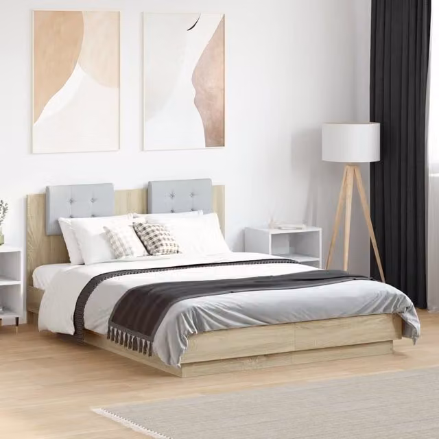 Berkfield Home Small Double Bed Frame with LED Under-Bed Lighting and USB Charging Port, Sonoma Oak, Brown, W/D/H: 120 x 190 cm – 1