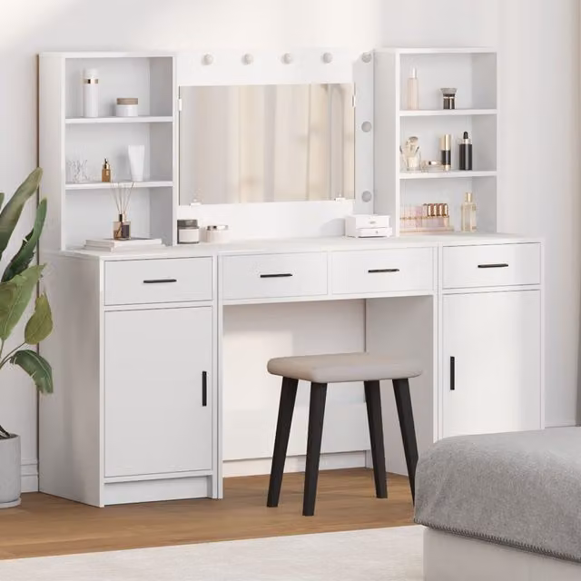 Berkfield Home Hollywood LED 3 Piece Dressing Table Set in White Matt MDF – 1