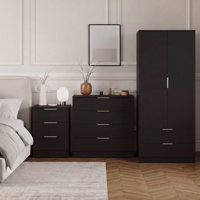 HD Designs Trega 3-Piece Black Bedroom Set including 3-Drawer Bedside Cabinet, 4-Drawer Chest and Wardrobe – 1