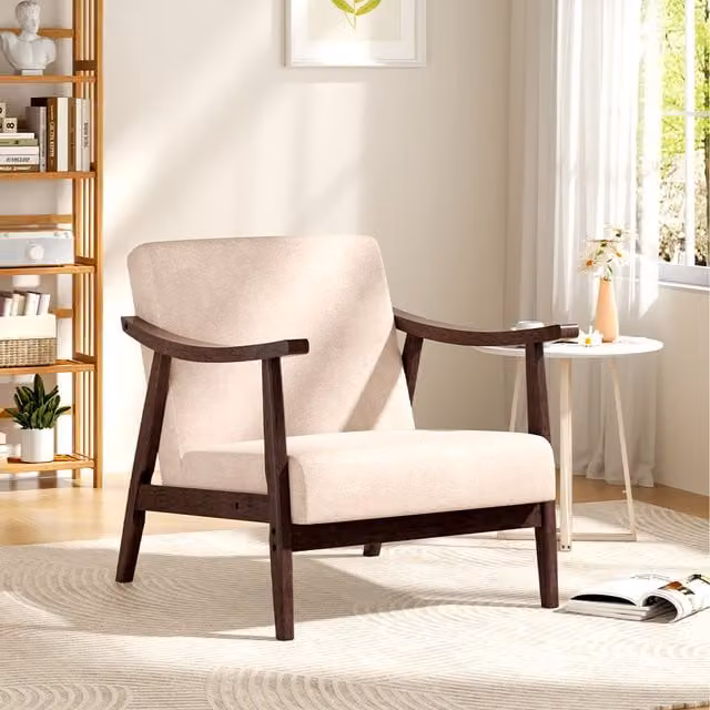 Komore Mid-Century Wooden Armchair with Tech Velvet in Beige and Brown