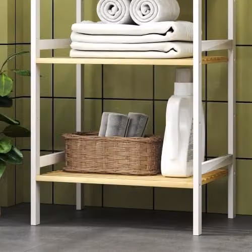 HOMCOM 3-Tier Freestanding Bamboo Bathroom Storage Shelf with Adjustable Shelves in Natural and White – 4