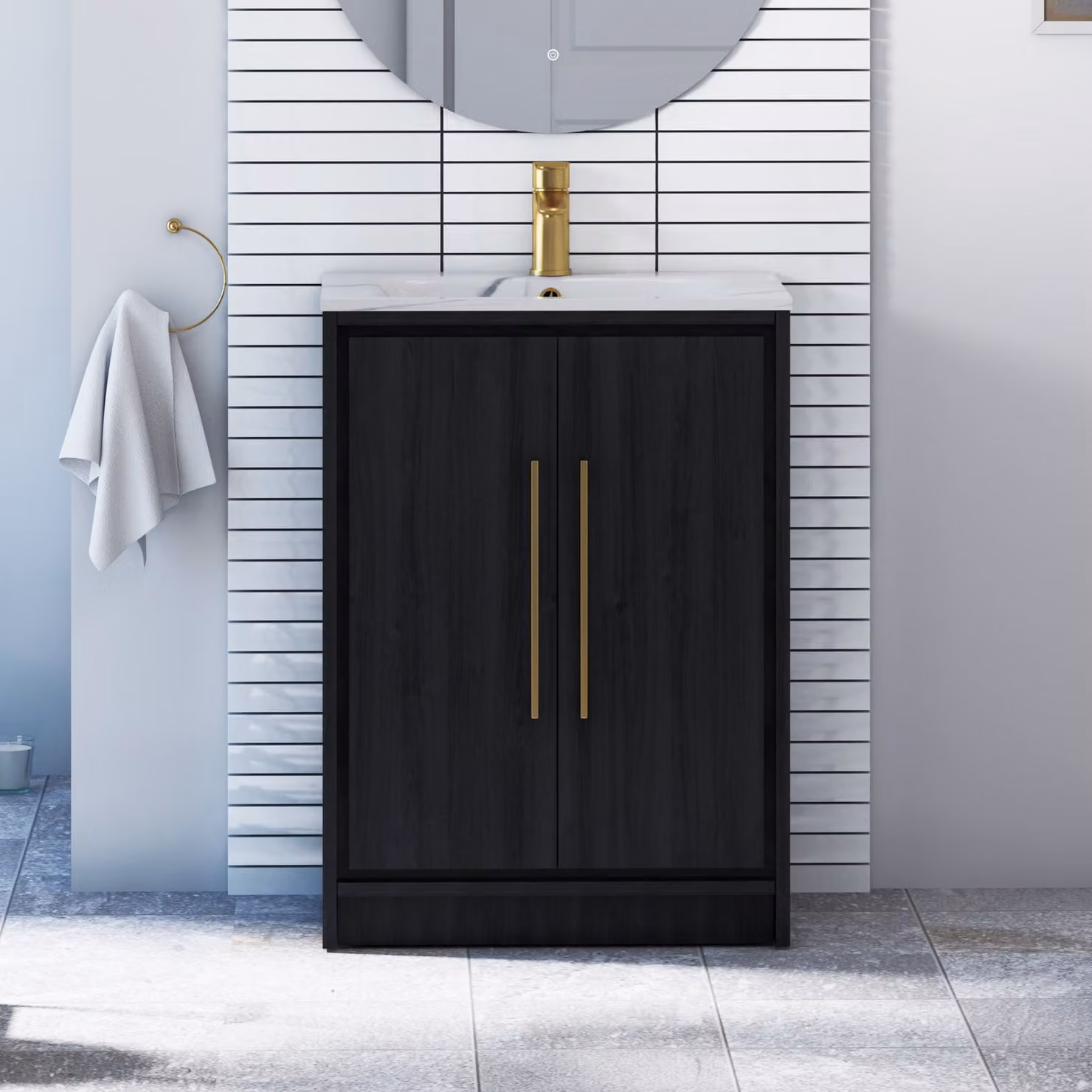 Livora 600mm Black Woodgrain Floor Standing 2 Door Bathroom Vanity Unit with Carrara White Basin and Brushed Brass Handle