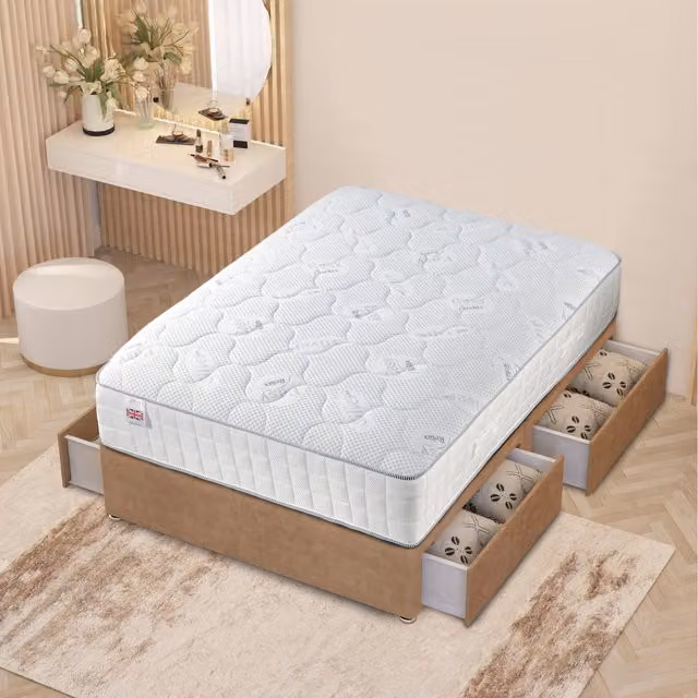 Horizona Hybrid Upholstered Velvet Bed with Drawers in Beige and Brown, W/D/H: 140 x 200 cm