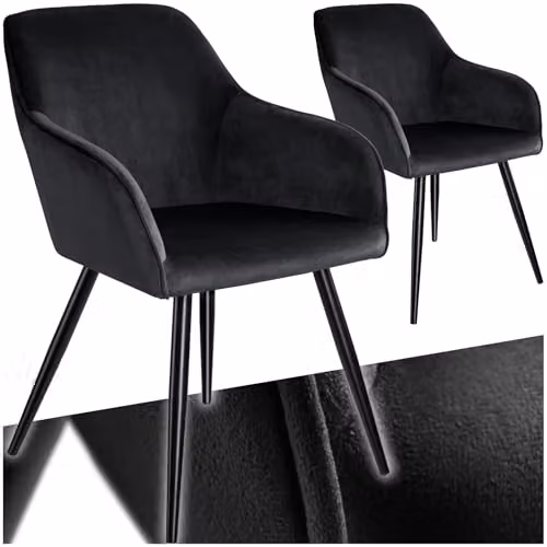 tectake Set of 2 Black Velvet Dining Chairs with Armrests and Metal Legs