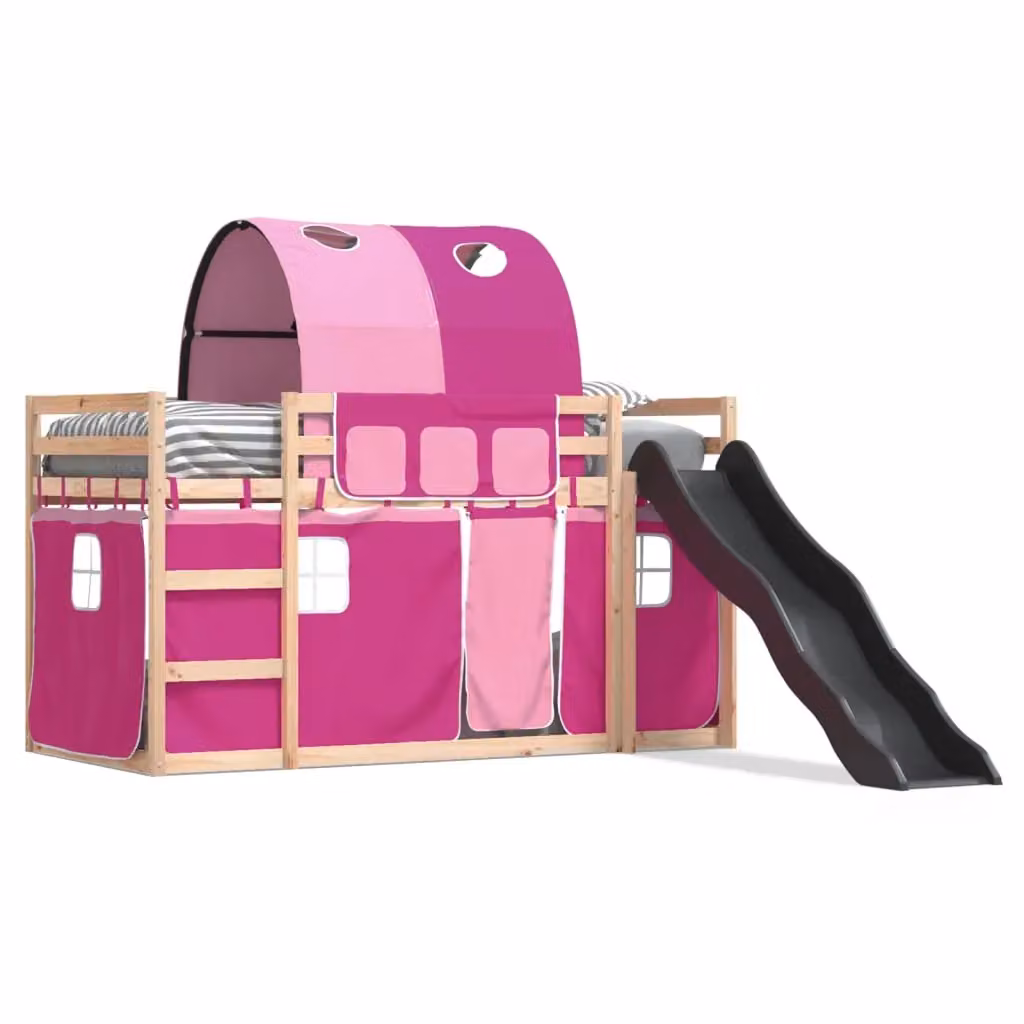 Berkfield Home Pink Solid Wood Childrens Bunk Bed with Slide and Curtains W: 80 cm, L: 200 cm – 2