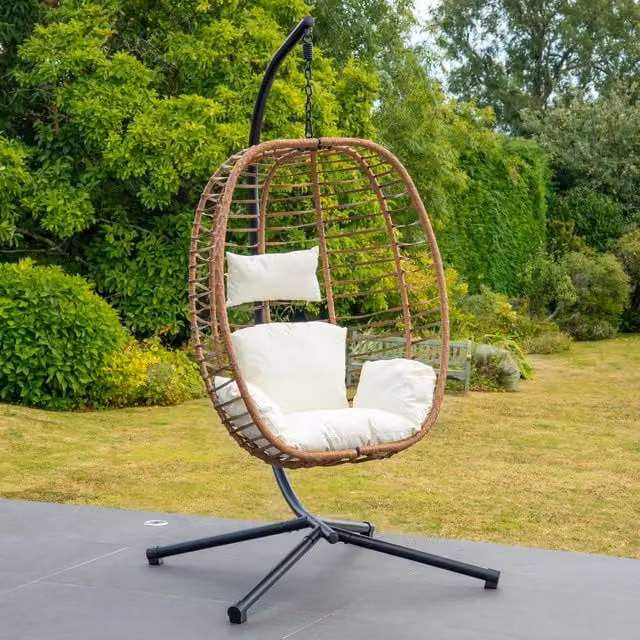 Artemis Home Appleford Hanging Single Egg Pod Chair in Beige with Metal Stand and Rattan Design – 1