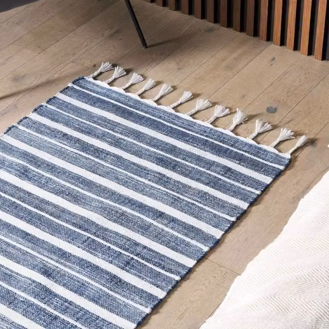 Wyld and Coco Blue Striped Handwoven Rectangular Indoor Outdoor Rug W: 80 cm, L: 150 cm