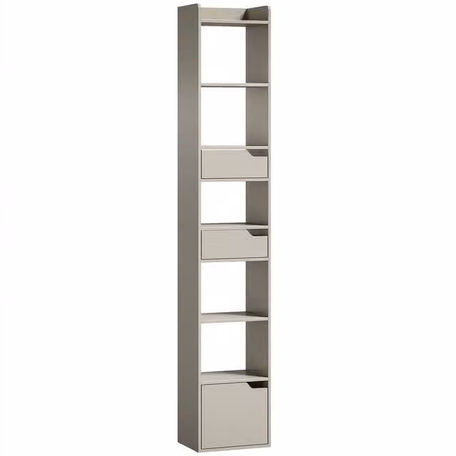 HOMCOM Tall Narrow 5-Tier Bookcase with Drawers and Storage Cabinet, Grey