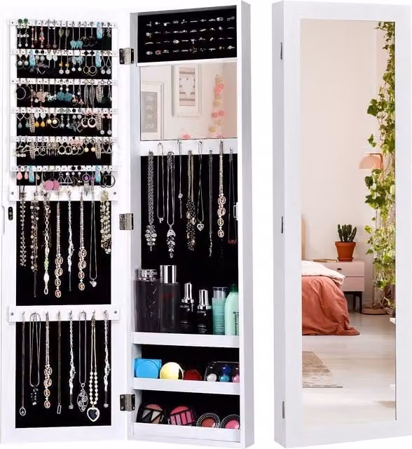 Costway White Mirrored Jewelry Cabinet with Full-Length Mirror, Wall Mounted Armoire with Internal Shelves – 1