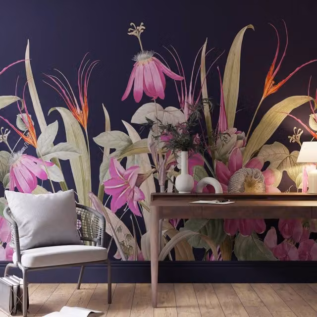 Superfresco Easy Flora Navy Fuchsia Floral Wall Mural W: 300 cm, H: 280 cm