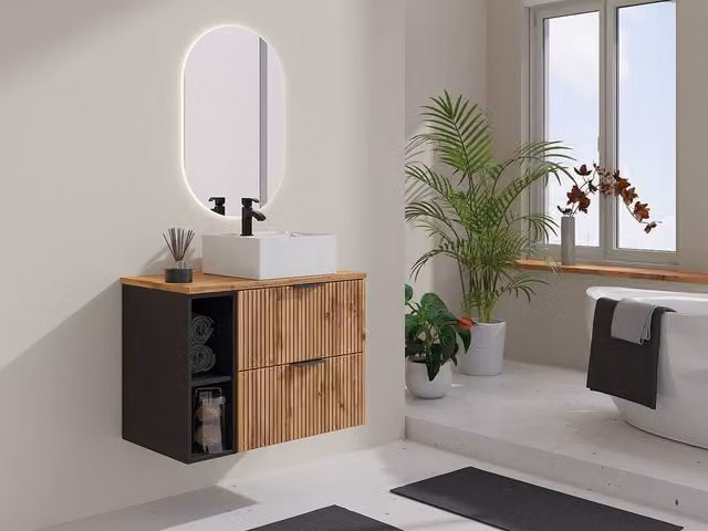 Madela Black Wall-Mounted Ribbed Bathroom Vanity Unit with Niches and Square Design
