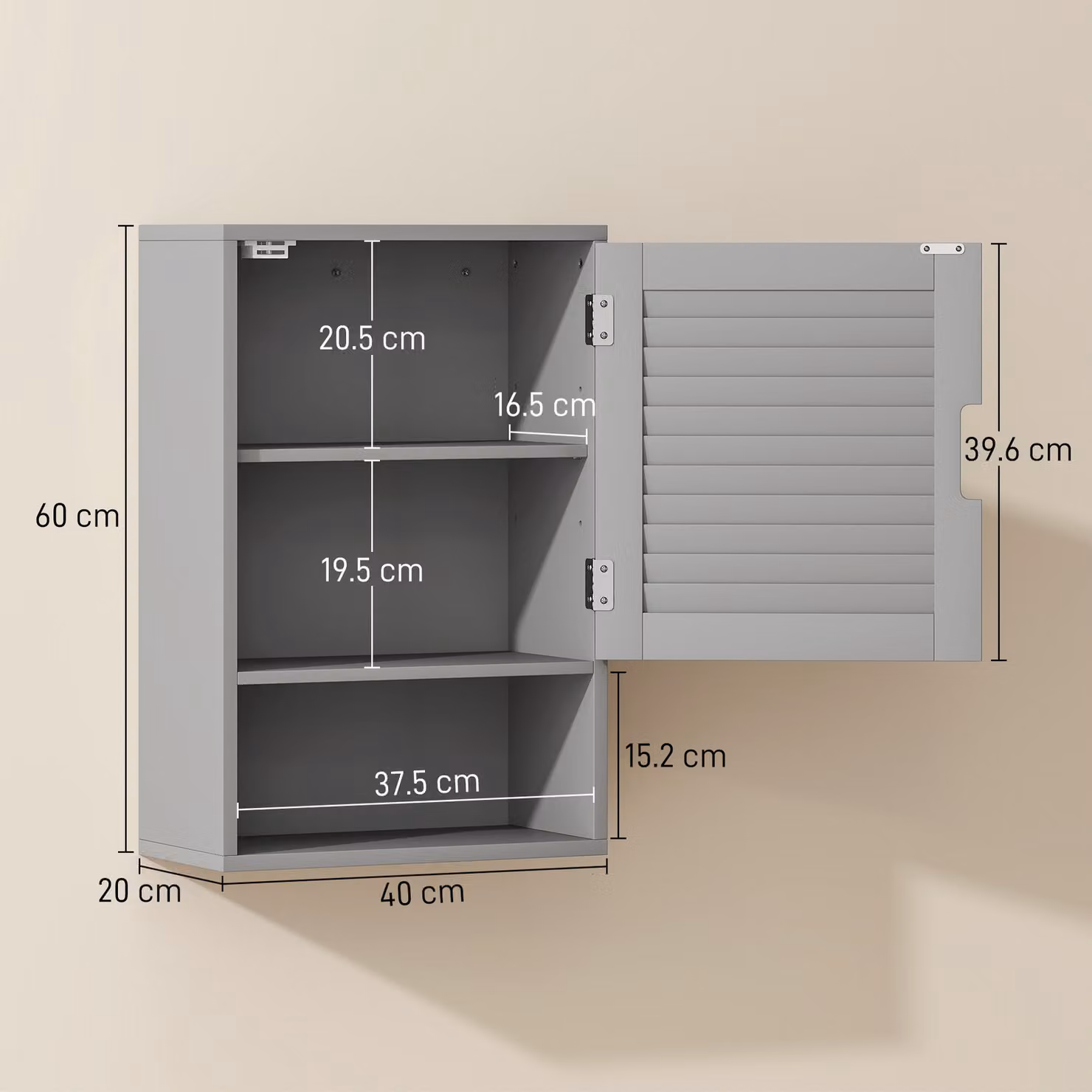 HOMCOM Grey Wall Mounted Bathroom Cabinet with Soft Close Hinged Doors and Internal Shelves, W/D/H: 40 x 20 x 60 cm – 2