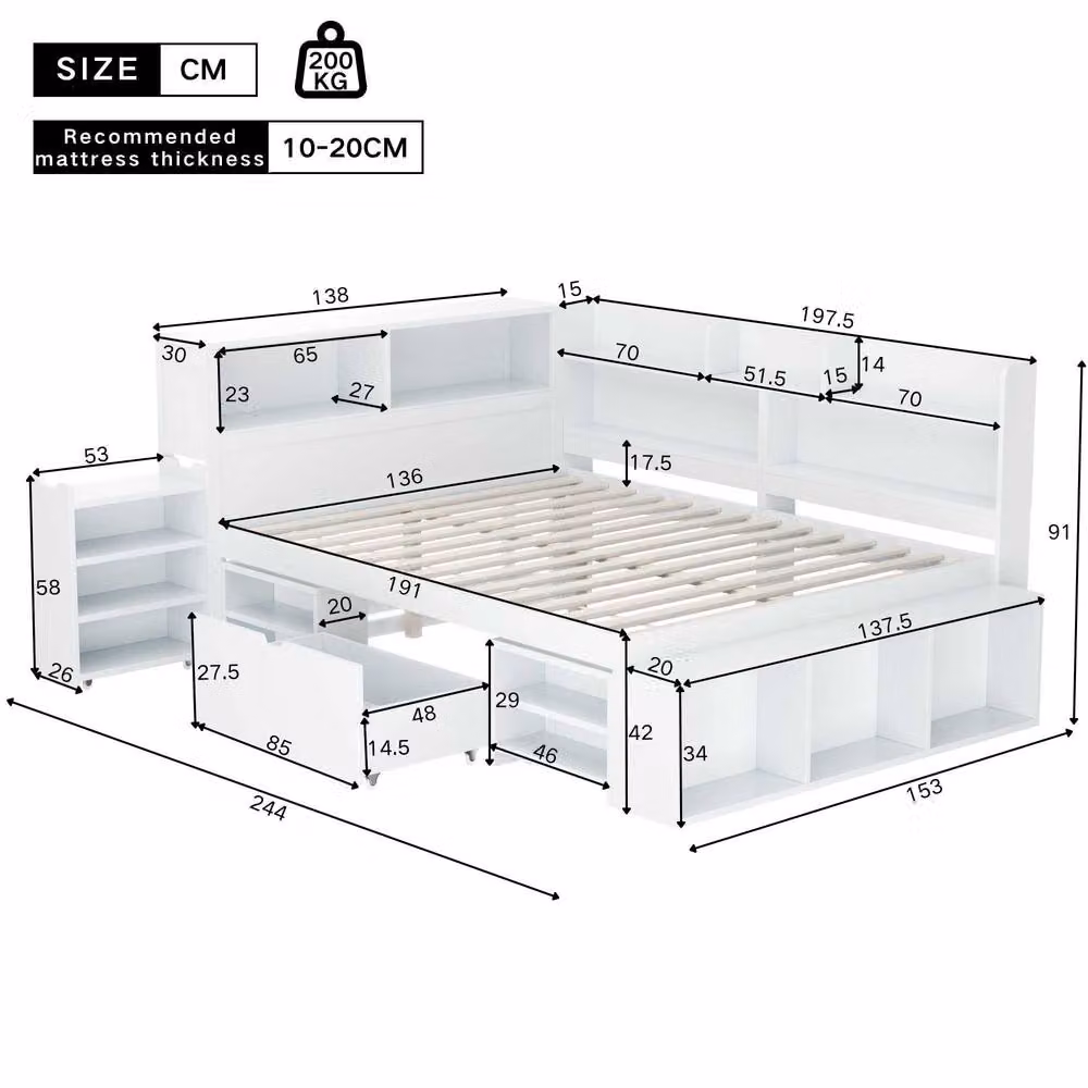 STILVORA Childrens Double Bed with Drawers and Storage in White, W/D/H: 140 x 200 cm – 3