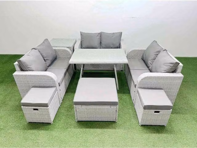 Fimous 9-Seater Rattan Garden Dining Set with Reclining Armchairs in Light Grey Rattan and Dark Grey Fabric