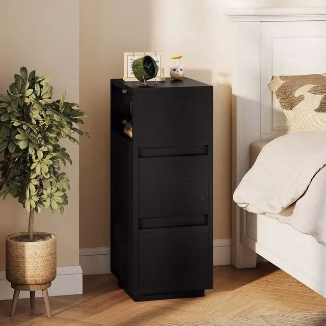 EONLION Slim Black Bedside Table with Open Shelf and 2 Drawers