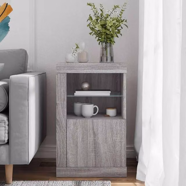 Berkfield Home Modern Side Cabinet with LED Lights and Glass Doors in Grey Sonoma, W/D/H: 67 x 41 x 37 cm