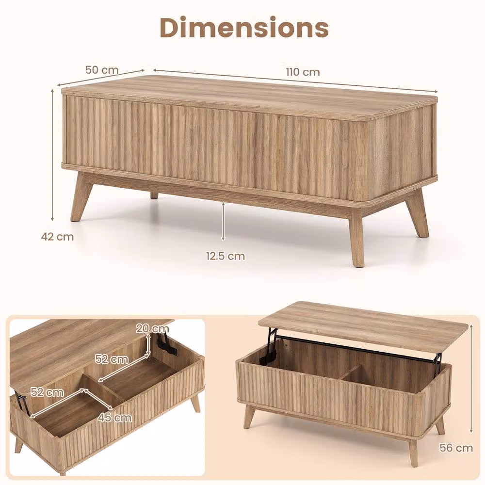 Costway Fluted Lift Top Coffee Table in Light Brown, Rectangular Rubberwood Center Table – 2