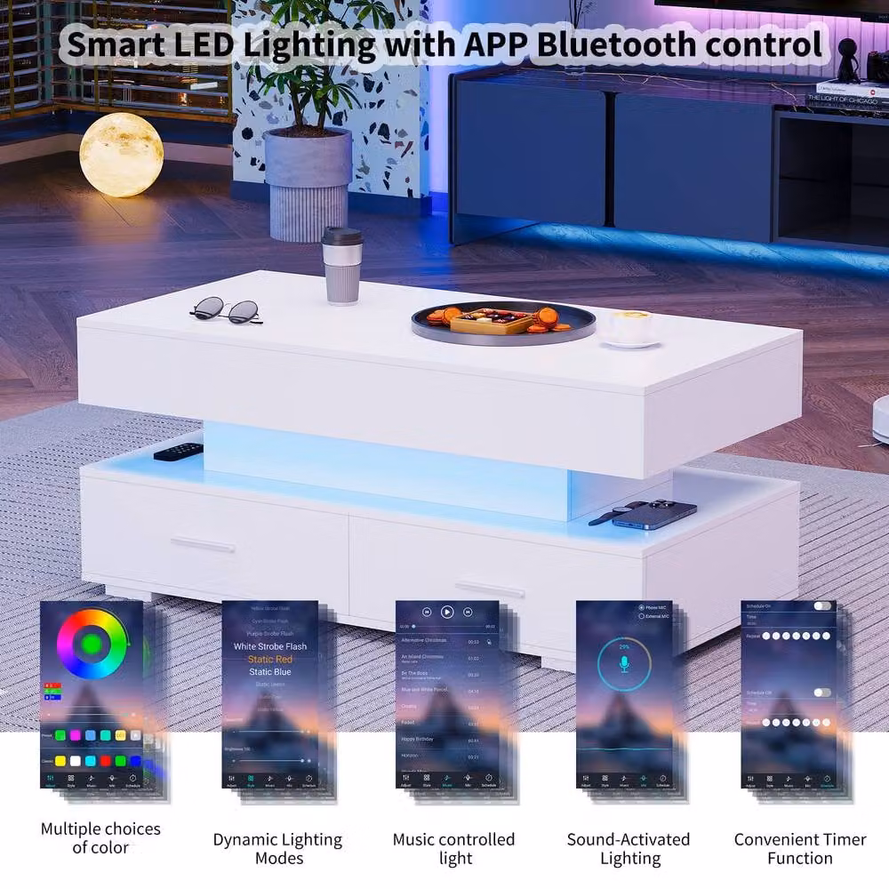 Matteo Hydraulic Lift Top Coffee Table with Storage and Bluetooth LED Lights in White – 3