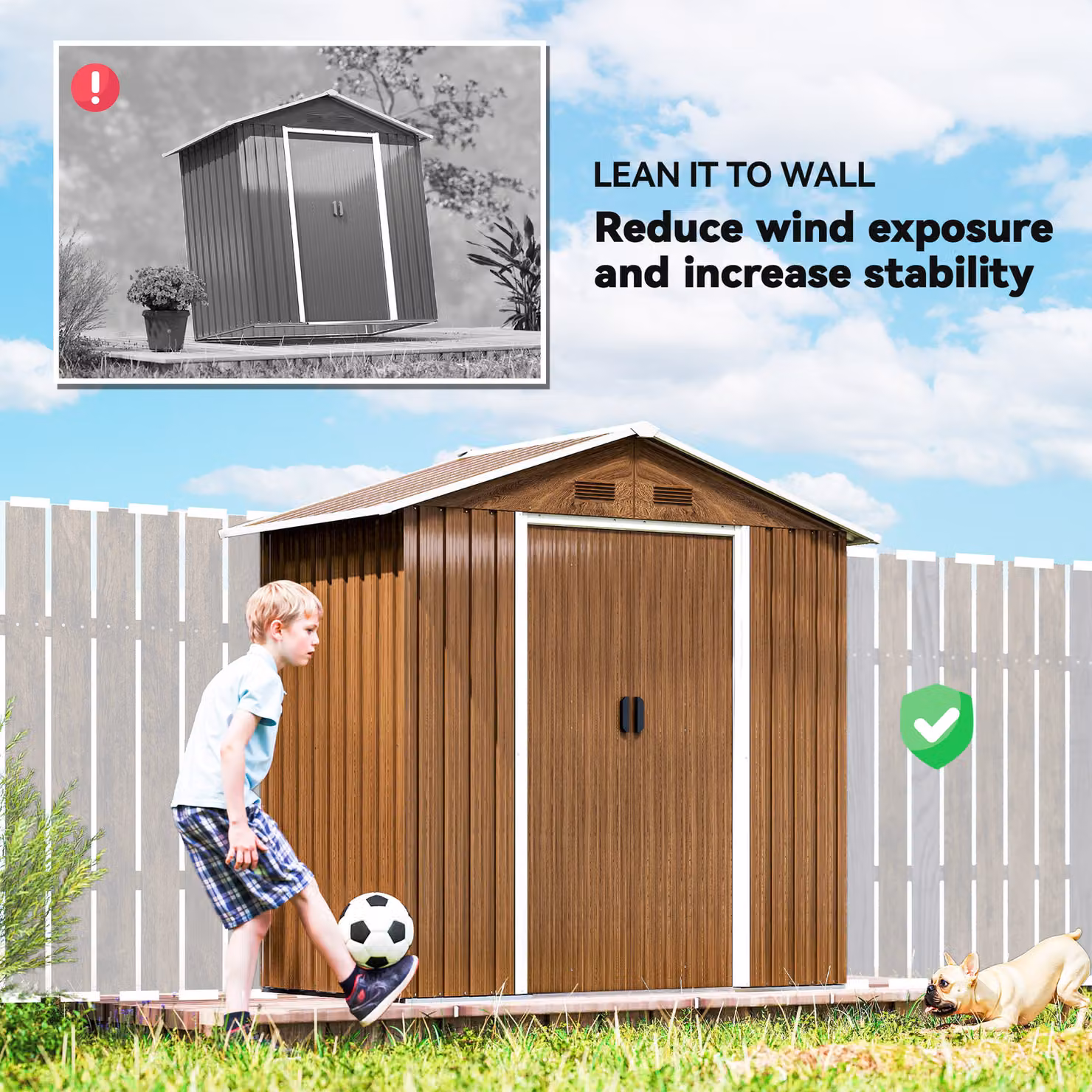 Outsunny Wood Effect Galvanised Steel Garden Shed in Brown with Double Doors and Four Vents – 8