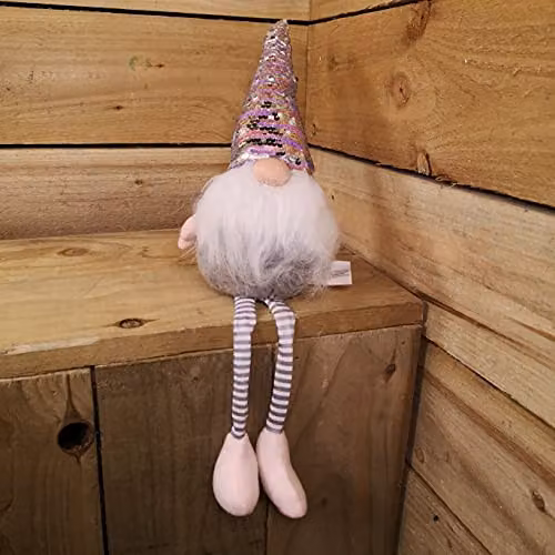 Festive Productions Christmas Sitting Gonk with Dangly Legs and Sequin Hat in Pink, Grey and Silver, Height: 49 cm
